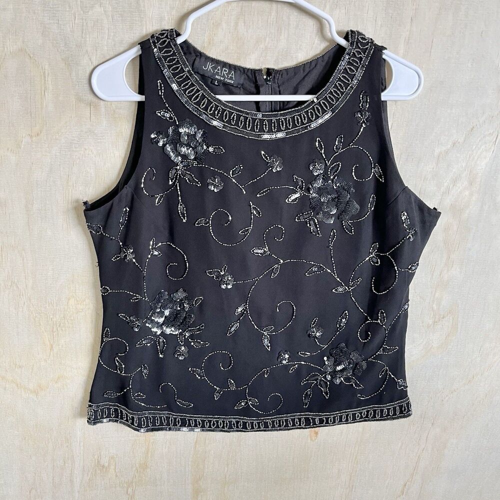 JKara New York Black Beaded Tank Top Womens Size L Fancy Dressy